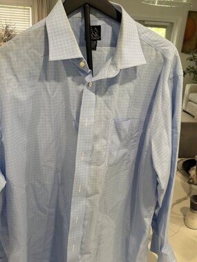 Jos A Bank Dress Shirt Mens 17.5 35 Blue Check Traveler Cotton Button Up